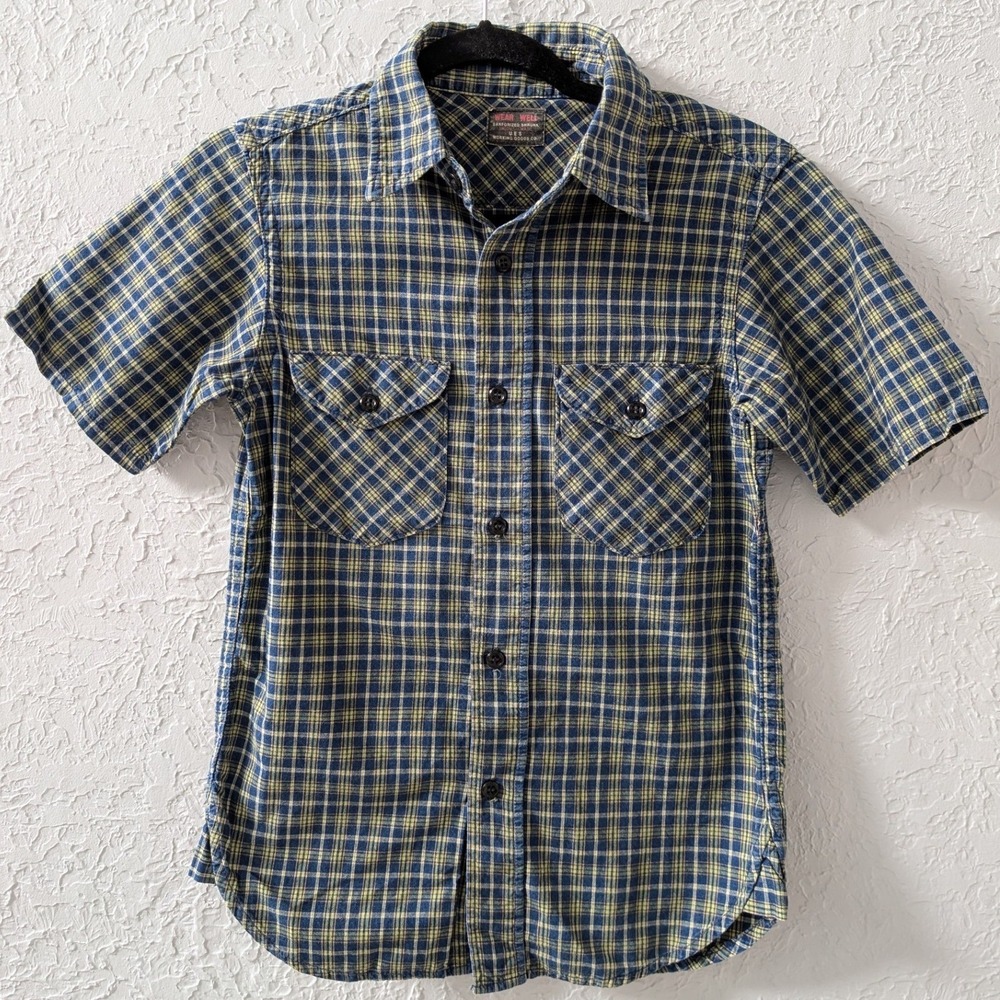 UES Wear Well Plaid Work Shirt Size 0 Blue Yellow Cotton Japanese Workwear